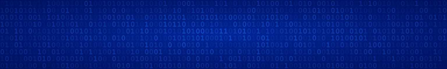 Abstract horizontal banner or background of zeros ad ones in blue colors.
