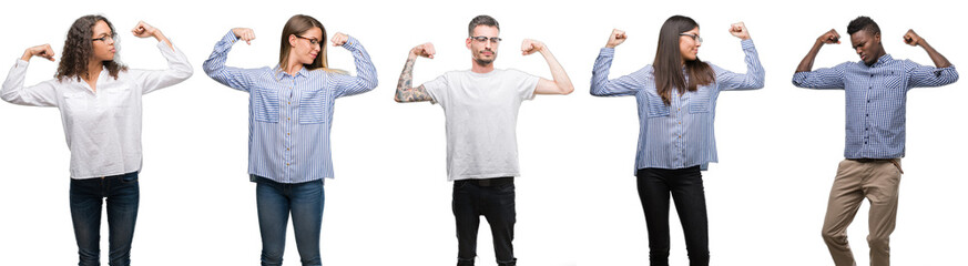 Sticker - Group and team of young business people over isolated white background showing arms muscles smiling proud. Fitness concept.