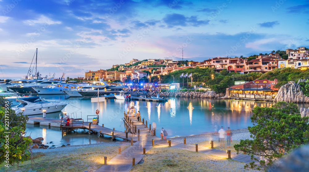 View of harbor and village Porto Cervo, Sardinia island, Italy - obrazy, fototapety, plakaty 