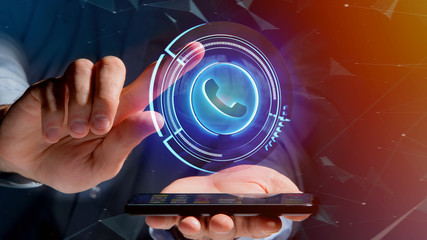 Poster - Businessman using a Shinny technologic phone button on his smartphone - 3d render