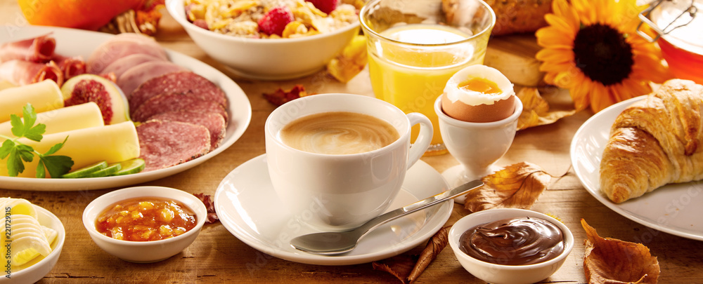 Healthy autumn breakfast in a panorama banner - obrazy, fototapety, plakaty 