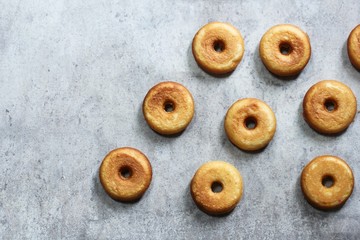 Poster - Homemade Mini Donuts / Cake Doughnus overhead view with copy space