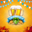 Oktoberfest Banner Illustration with Fresh Beer, Wheat and Hop on Shiny Yellow Background. Vector Traditional German Beer Festival Design Template with Bavaria Party Flag, and Autum Leaves for