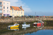 Small Fishing Ships And Lobster Fykes In Harbor St Andrews, Scotland