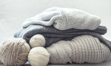 Home Hobbies, Cozy Knitted Sweaters, Wooden Background