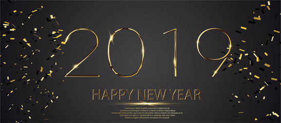 Aufkleber - Happy New Year 2019 winter holiday greeting card design template. Party poster, banner or invitation gold glittering stars confetti glitter decoration. Vector background with golden gift bow