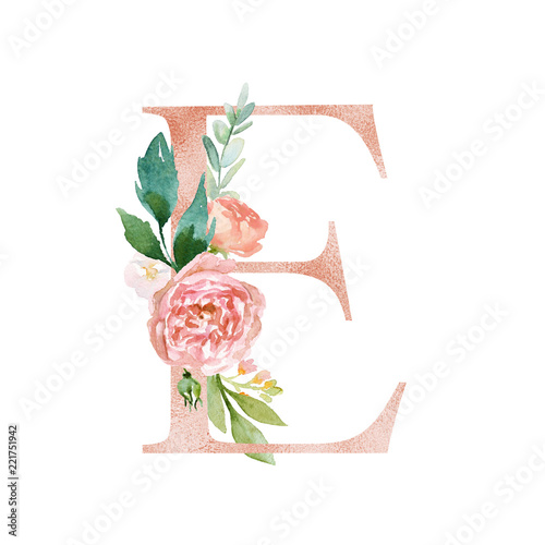 Naklejka litery na szybę  alfabet-kwiatowy-roz-brzoskwinia-kolor-litery-e-z-kompozycji-bukiet-kwiatow-unikalna-kolekcja
