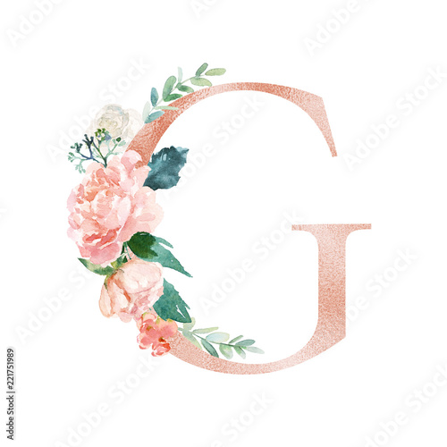 Floral Alphabet blush / peach color letter G with flowers bouquet