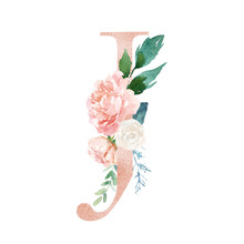Floral Alphabet - Blush / Peach Color Letter J With Flowers Bouquet Composition. Unique Collection For Wedding Invites Decoration And Many Other Concept Ideas.