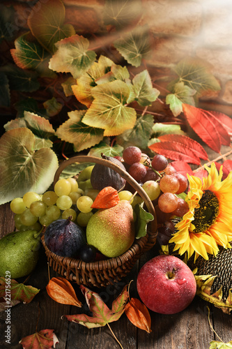 Plakat wicker basket full of autumn fruits