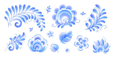 Wall Mural - Gzhel style flowers and leaves vector elements set isolated on white