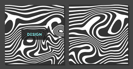 Wall Mural - Abstract wavy twisted distorted lines. Black and white texture background. Futuristic vector illustration.