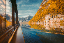 Traditional Boat On Lake Königssee In Fall, Bavaria, Germany