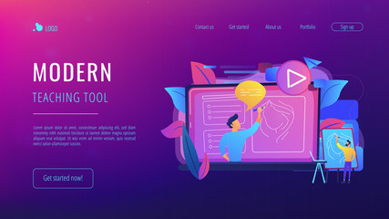 Poster - A man with easel before screen with video learning how to draw a portrait. Education video, modern teaching tool and interactive learning concept. Violet palette. Vector illustration on background