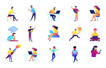 Poster - it specialists and designers vector illustrations set. programmers, freelance designers, manager, de