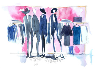 Wall Mural - Shopping woman in clothing store Watercolor illustration