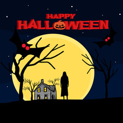 Wall Mural - Happy halloween greeting design with haunted ghost and house during the night. Background wallpaper and banner design vector illustration.