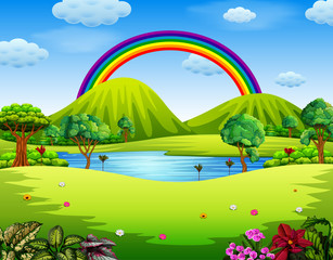 a colorfull garden with the beautiful rainbow 
