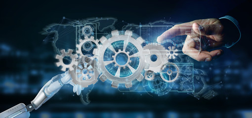 Poster - cyborg hand holding a gear wheel interface 3d rendering