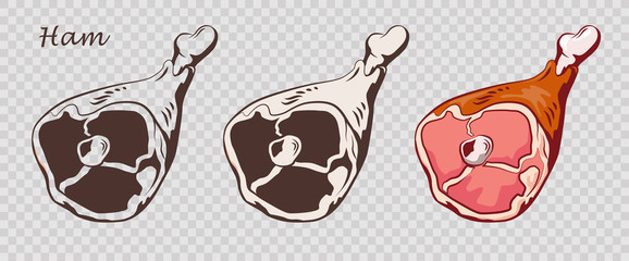 Wall Mural - Pork knuckle. Ham hock isolated on the pseudo transparent background. Meat on the bone. Set of outline, black and white, colored images. Vector illustration. Icon, emblem, logo element.