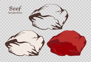 Wall Mural - beef tenderloin. piece of meat. set of outline, black and white, colored images on the pseudo transp