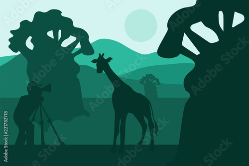 Photo Photographer photographs walking giraffe in Africa