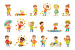 © topvectors - Autumn children s outdoor seasonal activities set. Collecting leaves, playing and throwing leaves, picking mushrooms, walking. Flat cartoon vector.