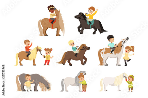 Cuadros en Lienzo Cute little children riding ponies and taking care of their horses set, equestri