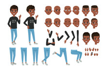 Teenager Character Constructor. Black Boy S Separate Parts Of Body, Different Face Expressions And Haircuts. Isolated Flat Vector Design