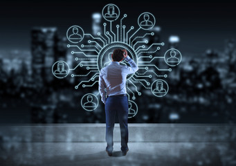 Poster - Businessman watching thin line social network icons interface