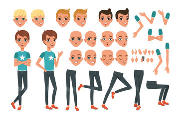 Wall Mural - Young man character constructor with body parts legs, arms, hand gestures. Angry, dissatisfied, surprised and calm face expression. Full length boy. Stylish hairstyles. Flat vector