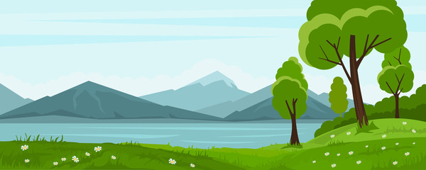 Summer landscape with trees and lake and mountain