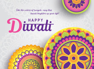 Diwali festival greeting card with colorful rangoli background