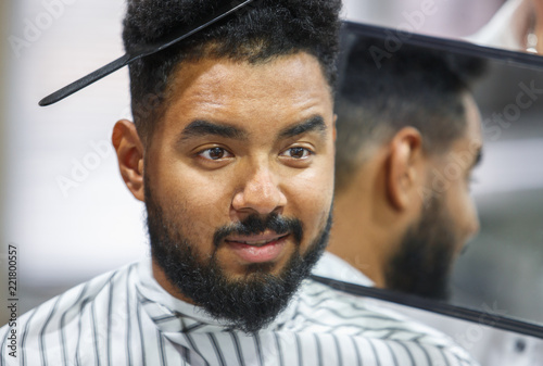 Young Black Man Client Get New Haircut In Barbershop Buy