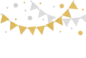 Gold and silver glitter bunting paper cut on white background - isolated