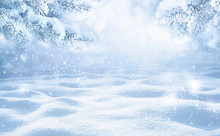 Winter Christmas Scenic Background With Copy Space. Snow Landscape With Spruce Branches Covered With Snow Close-up, Snowdrifts And Falling Snow On Nature Outdoors, Copy Space, Toned Blue.