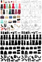 Wall Mural - isolated, women, fashion clothes, set, sketches and silhouettes