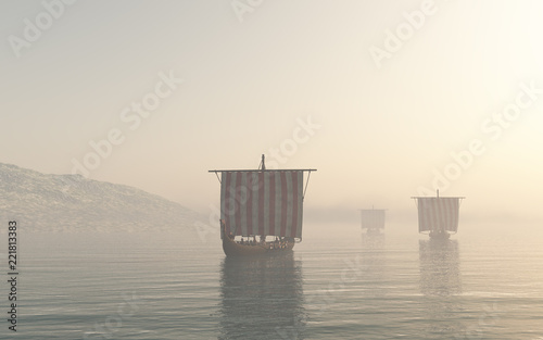 Viking Longships Approaching through the Mist - fantasy illustration Wallpaper Mural