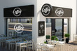 coffee shop facade with signboards and branding elements mockup
