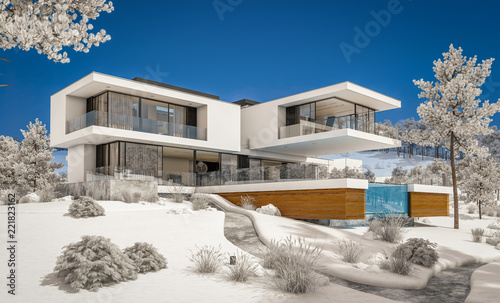 3d Rendering Of Modern Cozy House By The River With Garage Cool