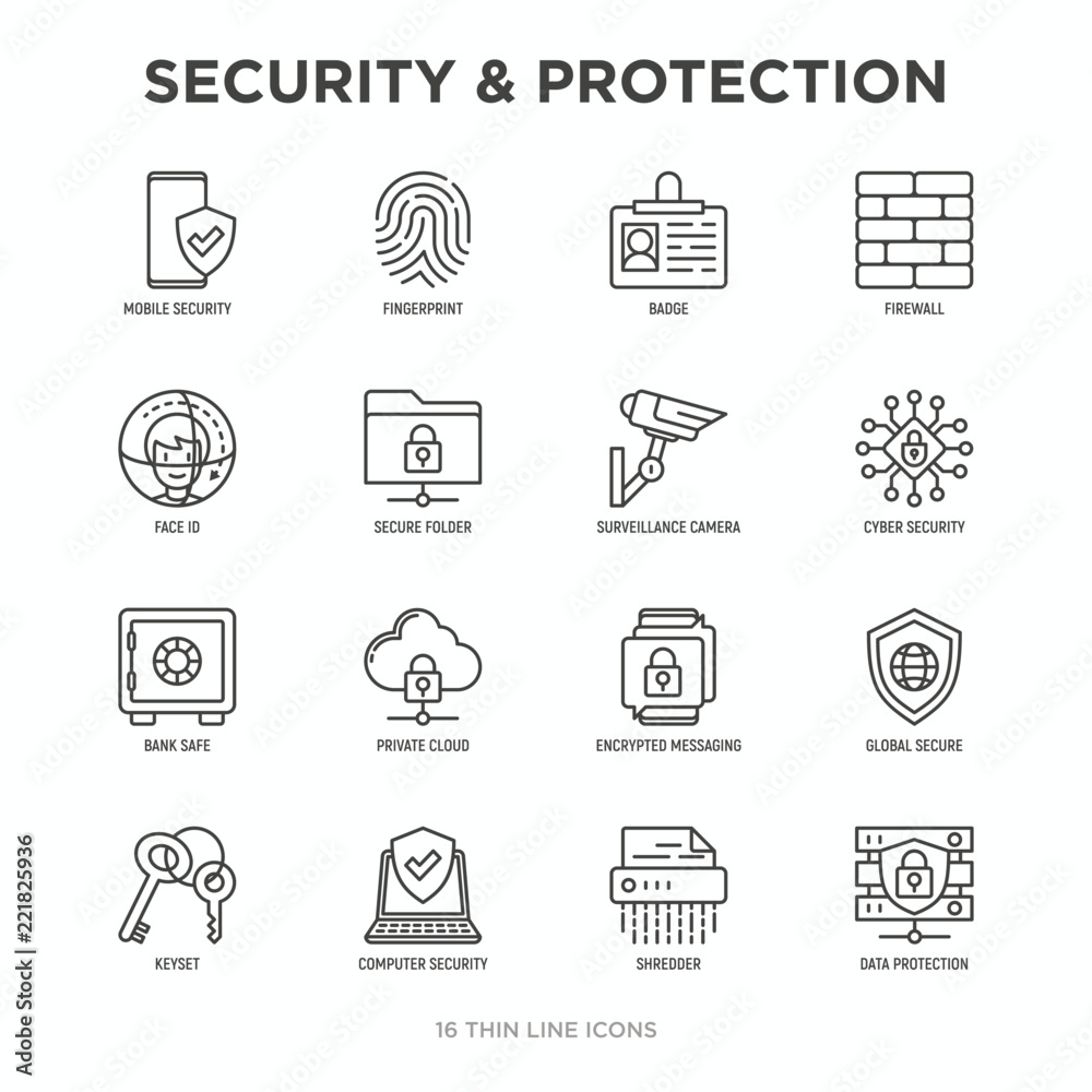 Security and protection thin line icons set: mobile security ...