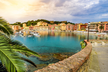 Sestri Levante - Paradise Bay of Silence with its boats and its lovely beach. Beautiful coast at Province of Genoa in Liguria, Italy, Europe.