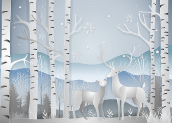 Wall Mural - Winter season, Deer in forest landscape with snowflakes and mountains background. paper art and digital craft style. Vector illustration.