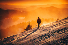 Skier In Evening Winter Nature