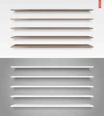 Wall Mural - Set of Glass, Wood, Plastic, Metal Long Shelves in Vector Isolated on the Wall Background