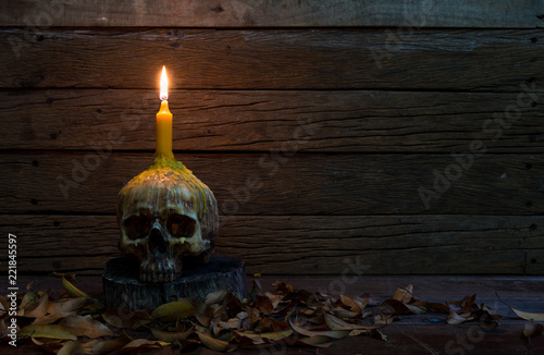 Fotomural Skull with candle and Dry leaf on old wooden table