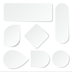 Wall Mural - White paper stickers. Blank labels, tags in rectangular and round shape. Isolated vector set. Advertisement note paper, tag sticker illustration