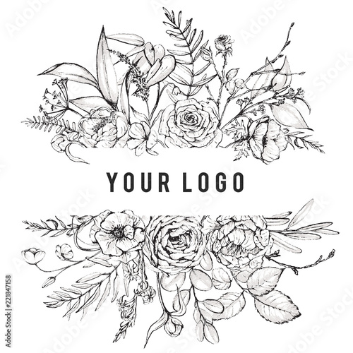 Graphic Floral Illustration Black White Inked Flowers Border