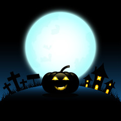 Wall Mural - Halloween design with pumpkins and dark castle on full blue Moon background, Vector illustration