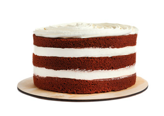 Delicious homemade red velvet cake on white background